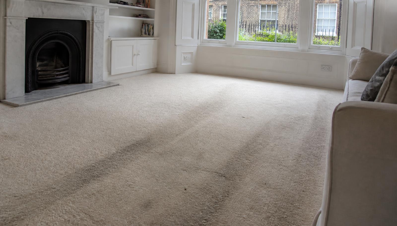 The same living-room carpet before cleaning, with dark traffic lanes and stains