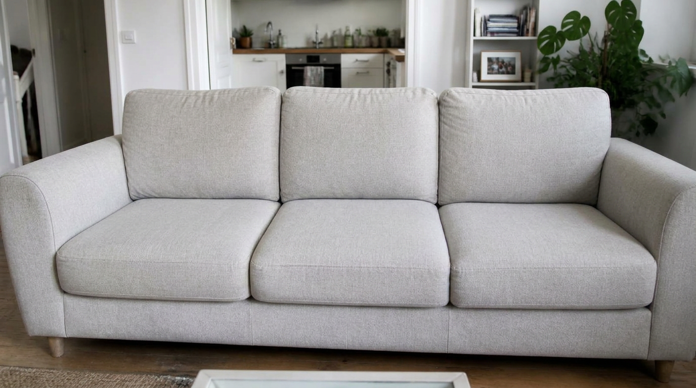 Grey three-seater fabric sofa in Hackney after upholstery cleaning